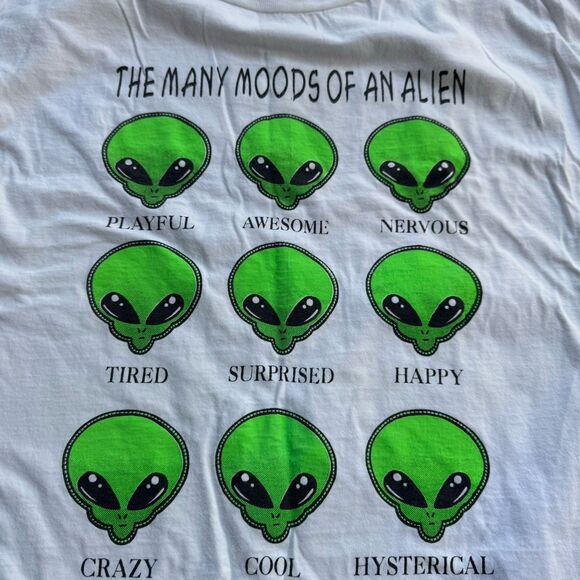 90’s  Aliens Many Faces T-shirt Size XL Funny Joke Humor Vintage White Green - Picture 2 of 10